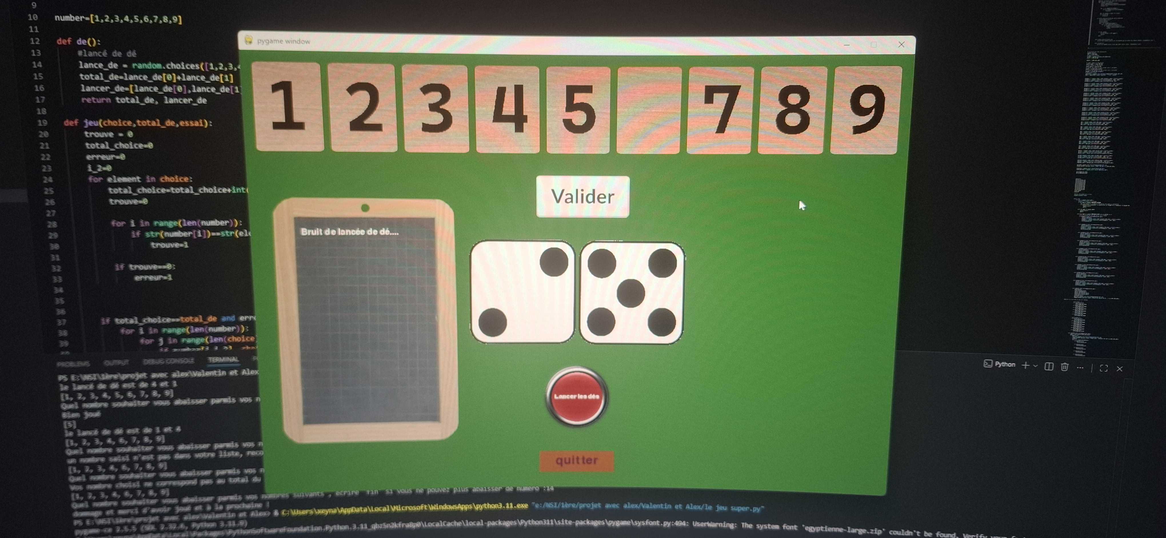 Aperçu du jeu Shut The Box en Python